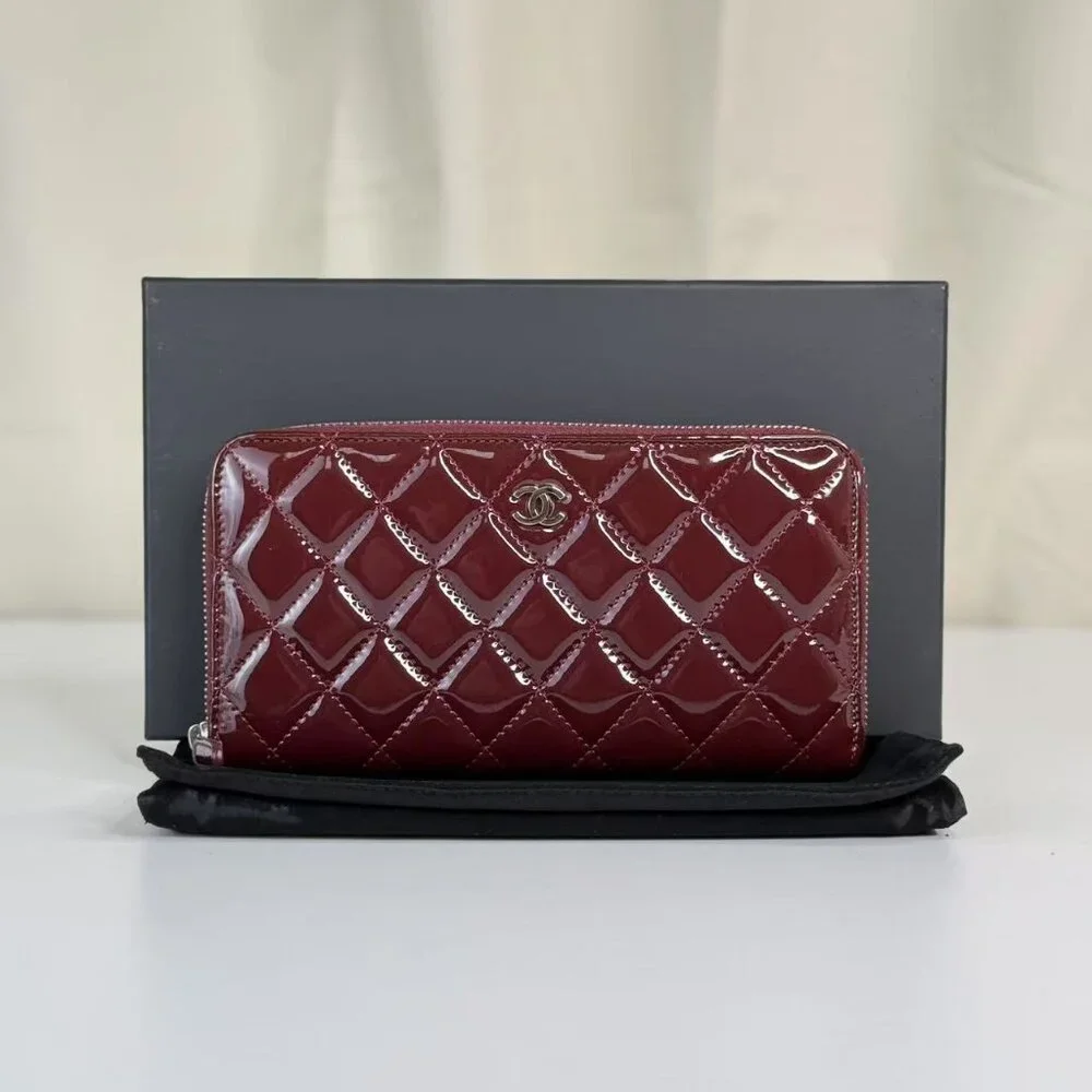 Chanel Burgundy Patent Leather Wallet with Classic Quilted Design